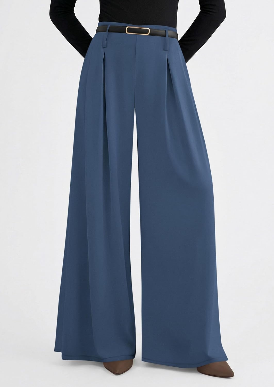 image:imagePRETTYGARDEN Womens Wide Leg Dress Pants Flowy Trousers Front PleatsSide ZipperElastic High Waisted Palazzo PantsDressy Slacks with PocketsDaily Work Business Casual OutfitsGrey Blue