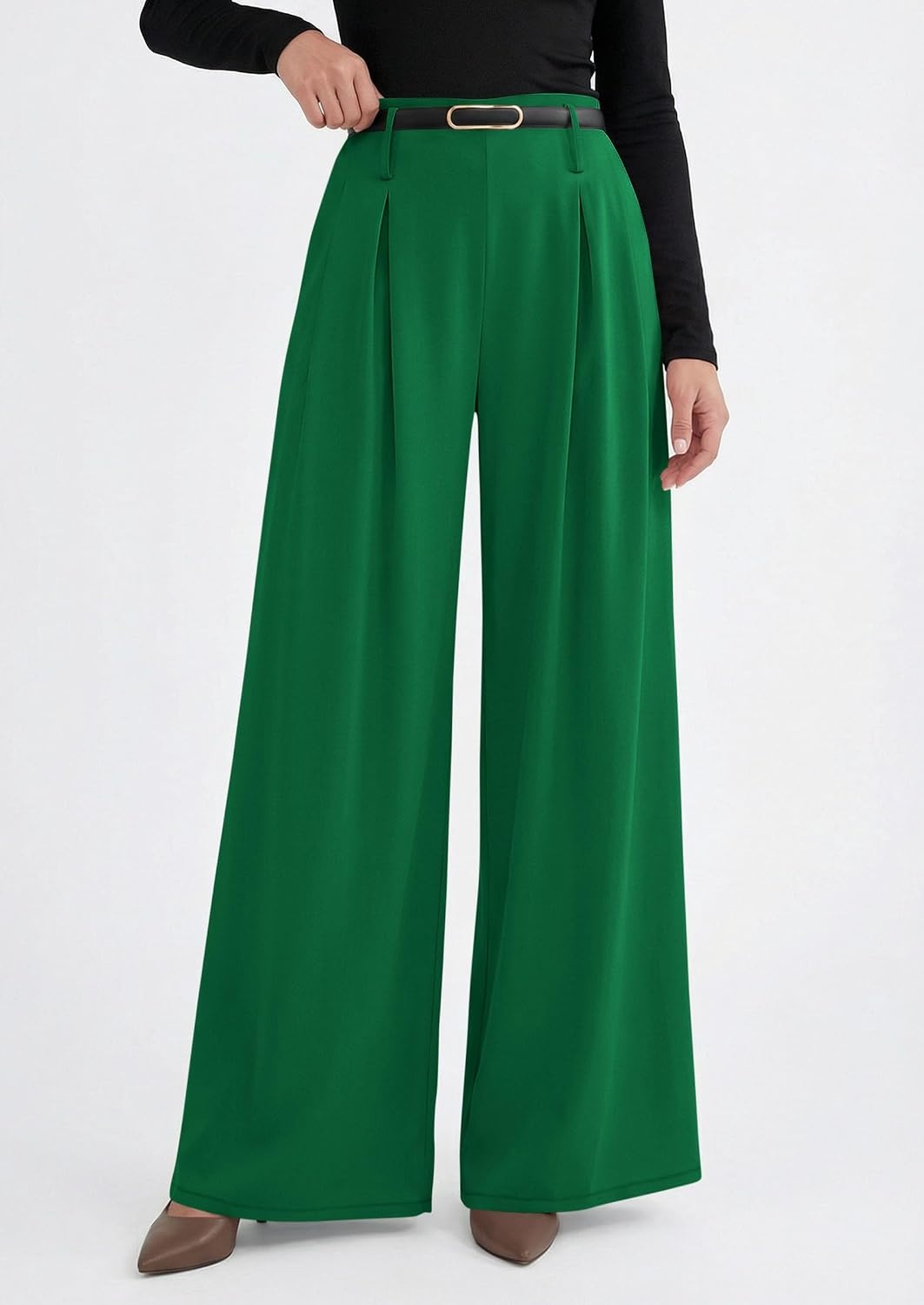 image:imagePRETTYGARDEN Womens Wide Leg Dress Pants Flowy Trousers Front PleatsSide ZipperElastic High Waisted Palazzo PantsDressy Slacks with PocketsDaily Work Business Casual OutfitsGreen