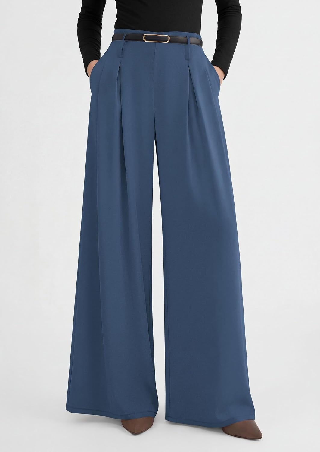 image:imagePRETTYGARDEN Womens Wide Leg Dress Pants Flowy Trousers Front PleatsSide ZipperElastic High Waisted Palazzo PantsDressy Slacks with PocketsDaily Work Business Casual OutfitsGrey Blue