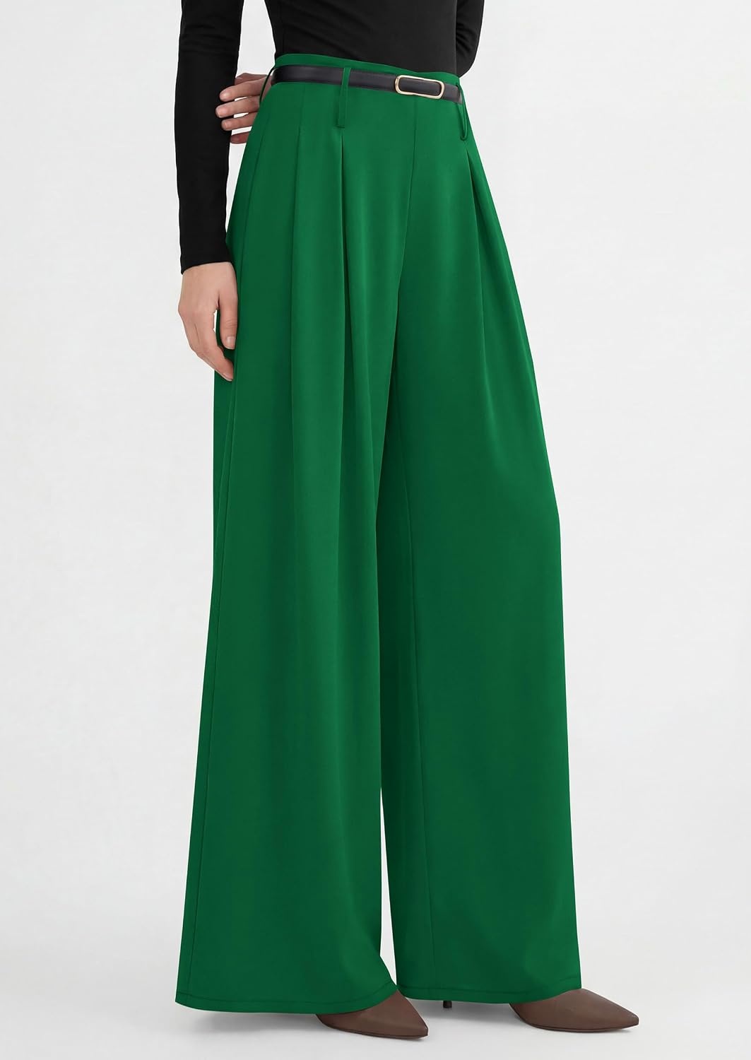 image:imagePRETTYGARDEN Womens Wide Leg Dress Pants Flowy Trousers Front PleatsSide ZipperElastic High Waisted Palazzo PantsDressy Slacks with PocketsDaily Work Business Casual OutfitsGreen