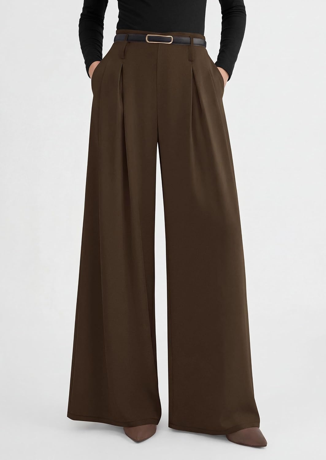 image:imagePRETTYGARDEN Womens Wide Leg Dress Pants Flowy Trousers Front PleatsSide ZipperElastic High Waisted Palazzo PantsDressy Slacks with PocketsDaily Work Business Casual OutfitsBrown