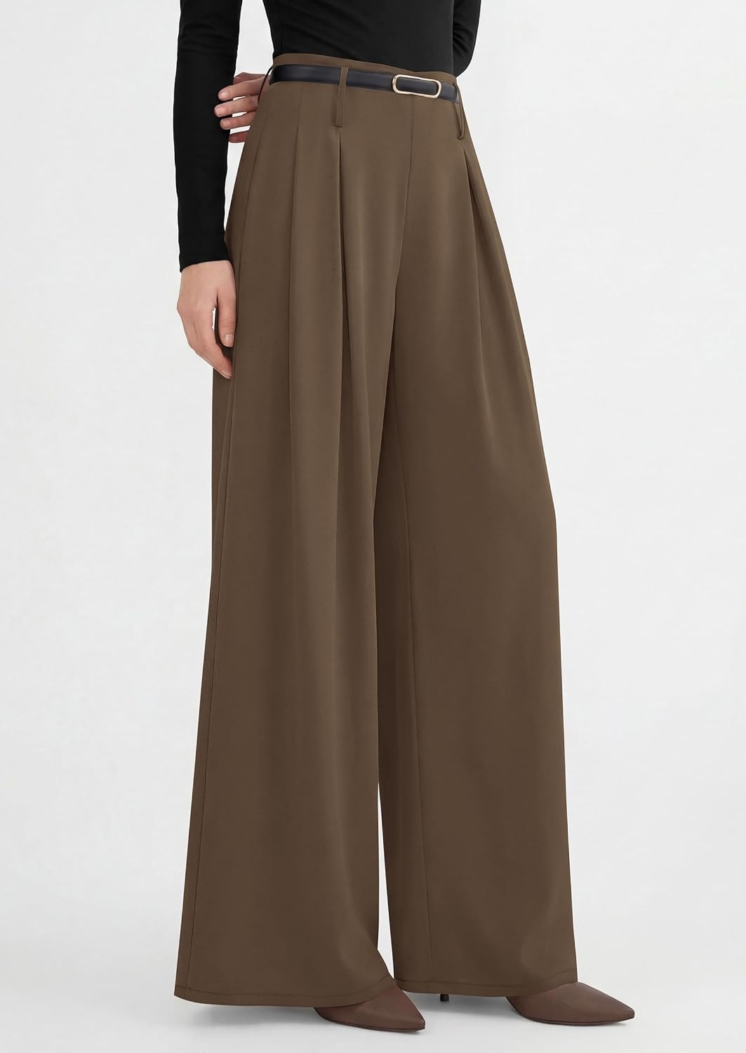 image:imagePRETTYGARDEN Womens Wide Leg Dress Pants Flowy Trousers Front PleatsSide ZipperElastic High Waisted Palazzo PantsDressy Slacks with PocketsDaily Work Business Casual OutfitsLight Brown