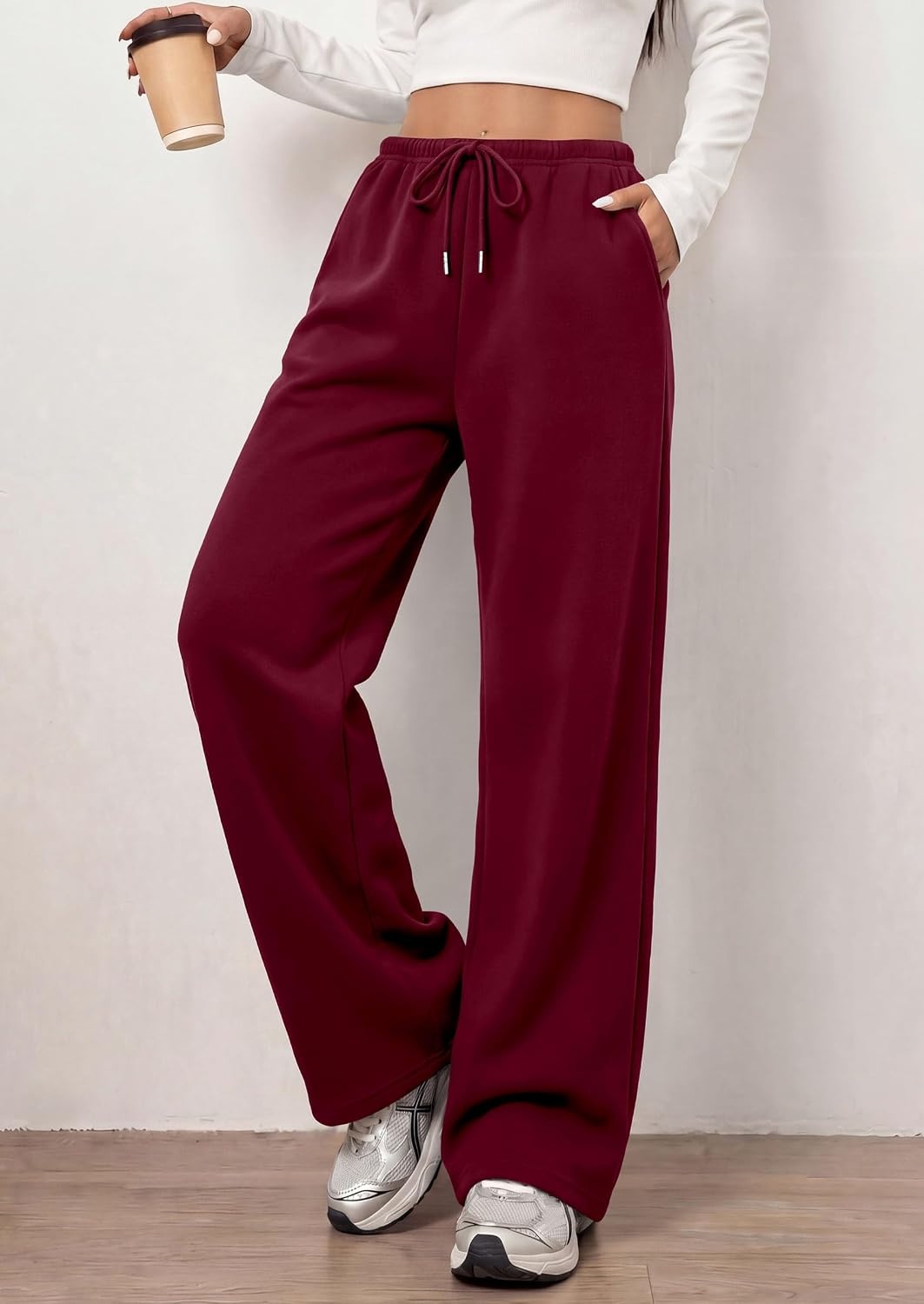 image:imagePRETTYGARDEN Womens Wide Leg Sweatpants Fleece Lounge Pants Elastic Drawstring WaistBaggy Jogger Yoga Sweat pantsPocketsFall Winter ClothesLoose Daily Casual amp Loungewear TrousersWine Red
