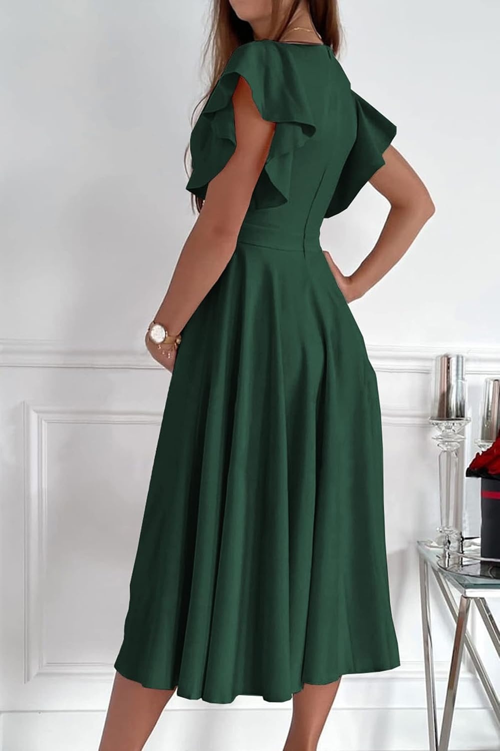 image:imagePRETTYGARDEN Womens Wrap V Neck Midi Summer Dresses Ruffled Flutter Sleeves Flowy Pleated A Line High Waist Elegant Spring Dress for Wedding Guest Cocktail Party Date NightDark Green
