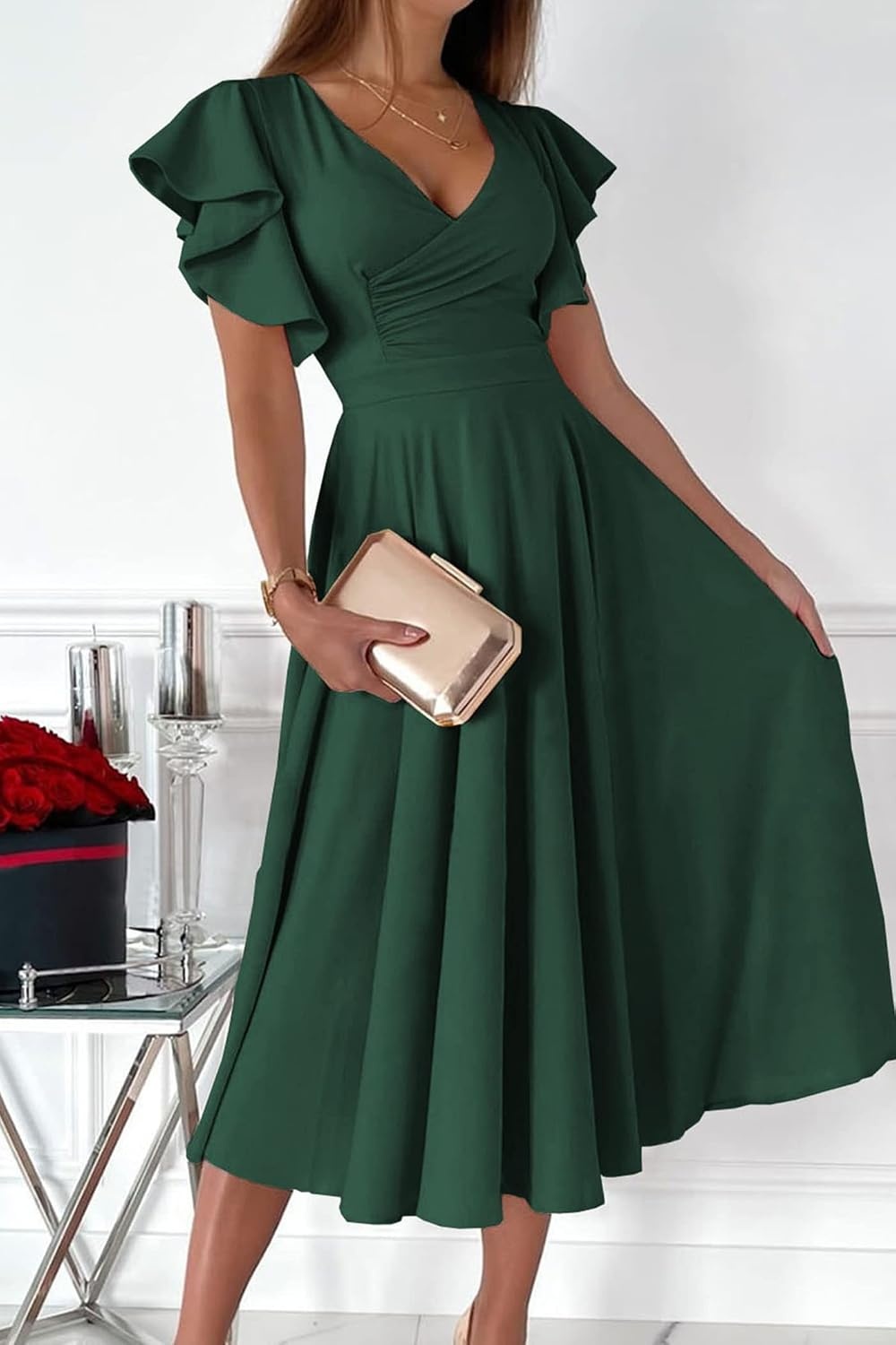 image:imagePRETTYGARDEN Womens Wrap V Neck Midi Summer Dresses Ruffled Flutter Sleeves Flowy Pleated A Line High Waist Elegant Spring Dress for Wedding Guest Cocktail Party Date NightDark Green