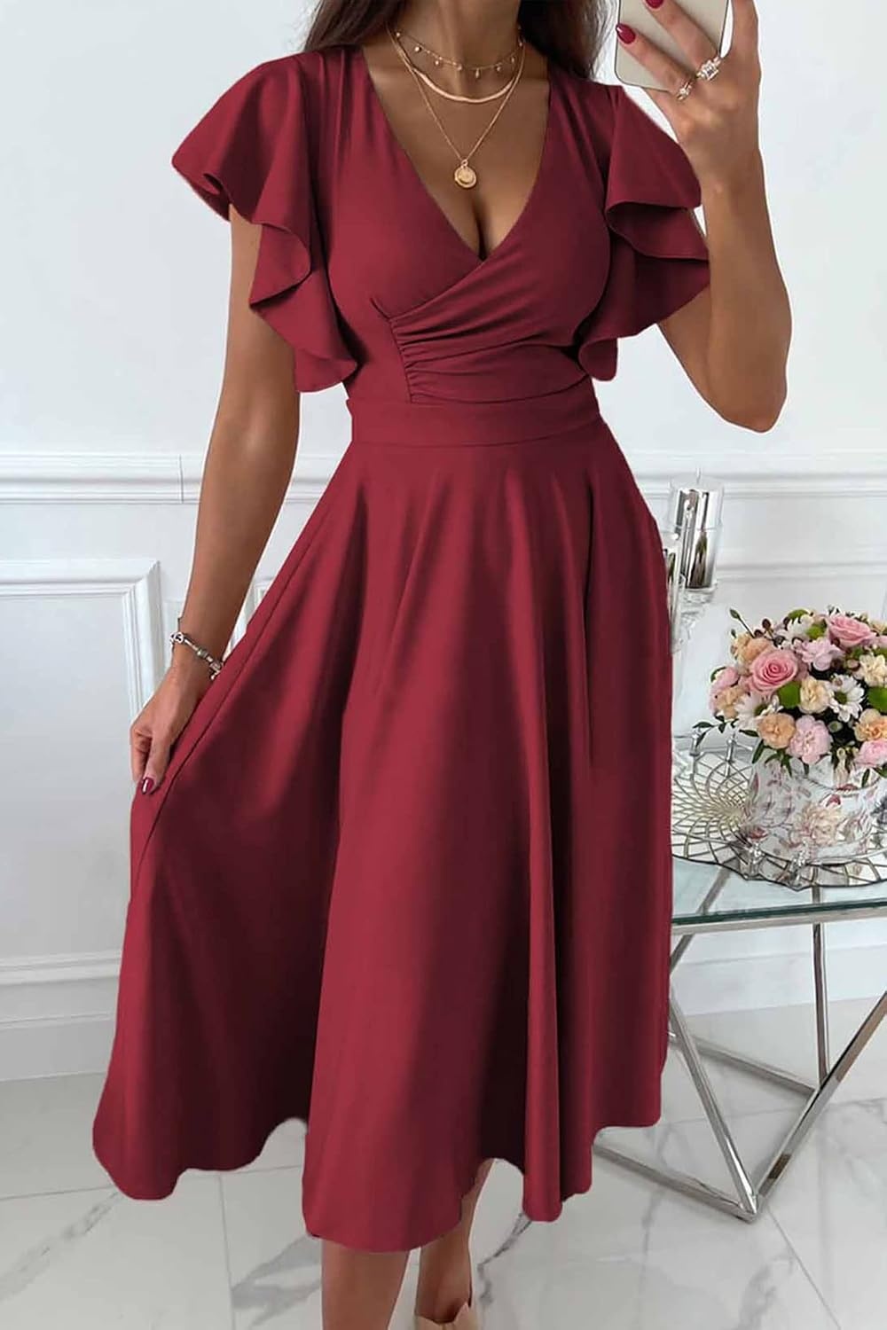 image:imagePRETTYGARDEN Womens Wrap V Neck Midi Summer Dresses Ruffled Flutter Sleeves Flowy Pleated A Line High Waist Elegant Spring Dress for Wedding Guest Cocktail Party Date NightWine Red