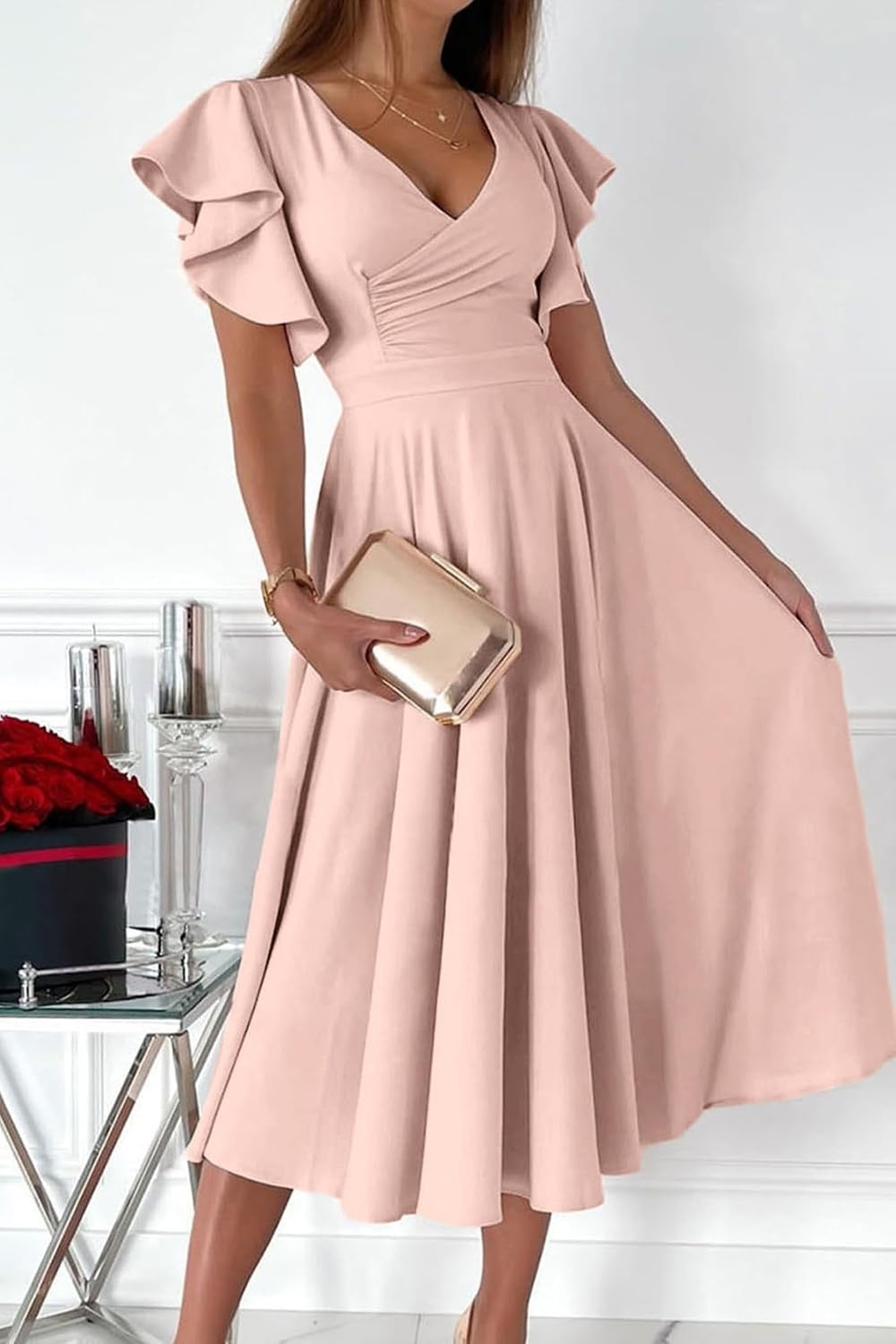 image:imagePRETTYGARDEN Womens Wrap V Neck Midi Summer Dresses Ruffled Flutter Sleeves Flowy Pleated A Line High Waist Elegant Spring Dress for Wedding Guest Cocktail Party Date NightApricot