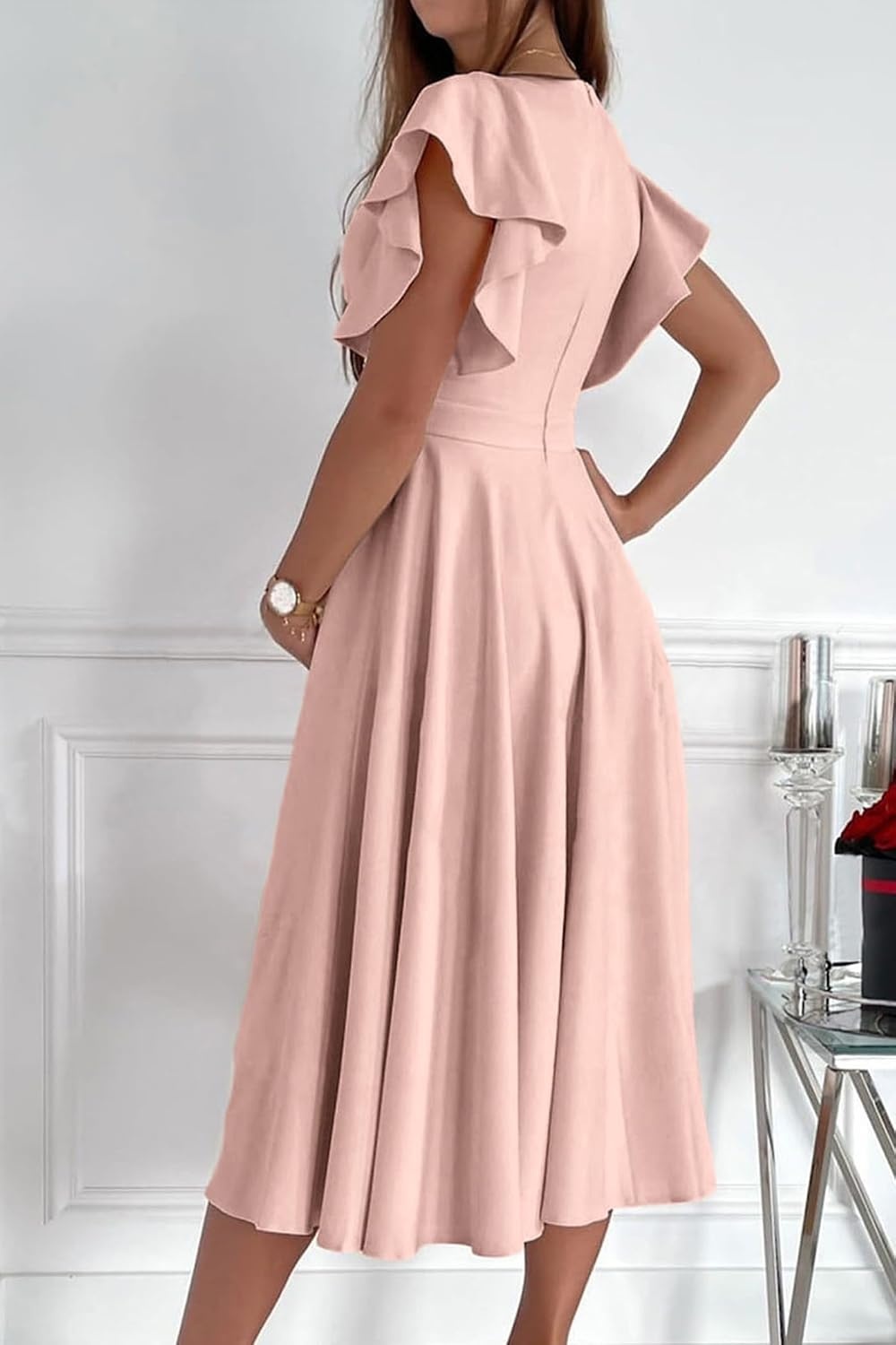 image:imagePRETTYGARDEN Womens Wrap V Neck Midi Summer Dresses Ruffled Flutter Sleeves Flowy Pleated A Line High Waist Elegant Spring Dress for Wedding Guest Cocktail Party Date NightApricot