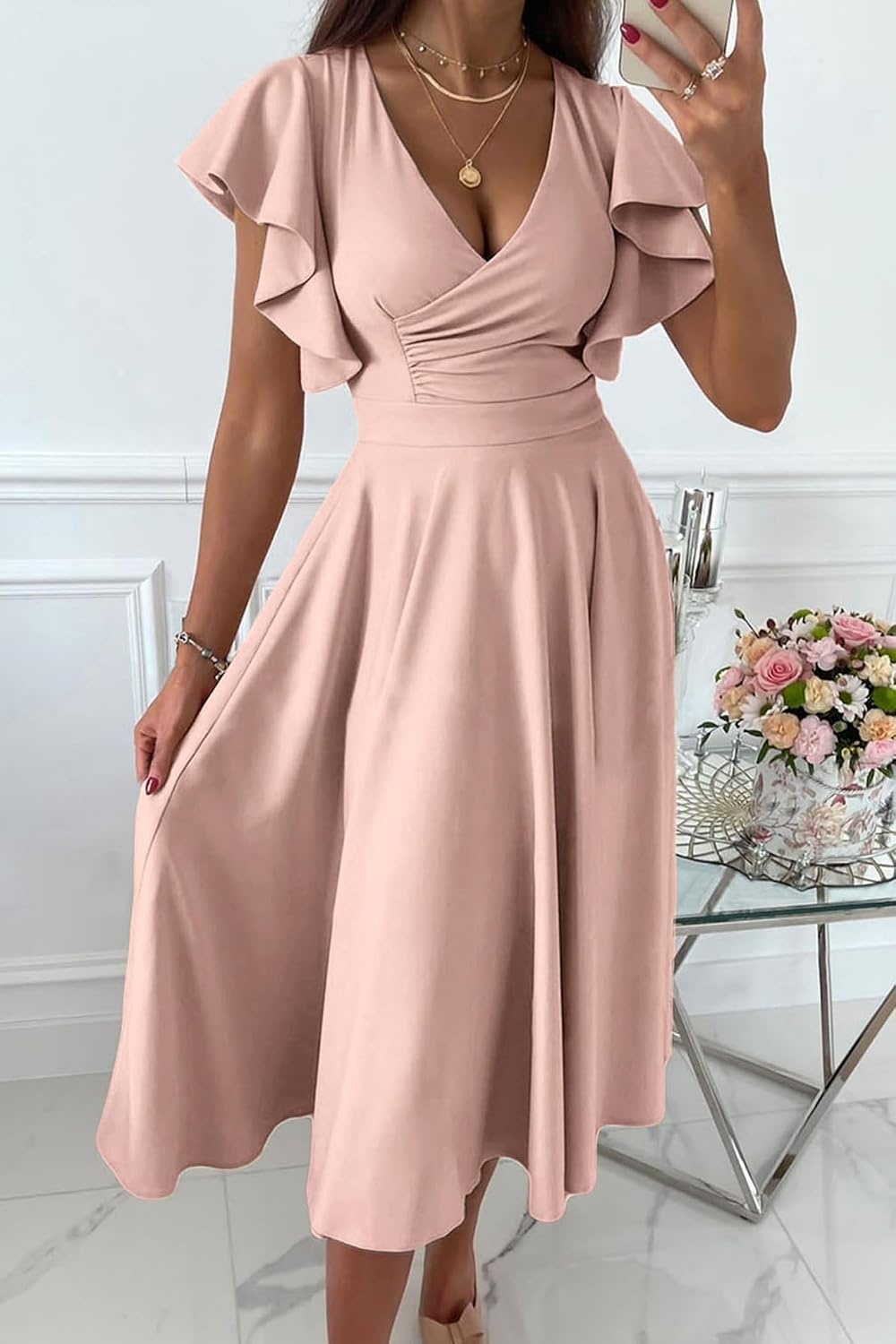 image:imagePRETTYGARDEN Womens Wrap V Neck Midi Summer Dresses Ruffled Flutter Sleeves Flowy Pleated A Line High Waist Elegant Spring Dress for Wedding Guest Cocktail Party Date NightApricot