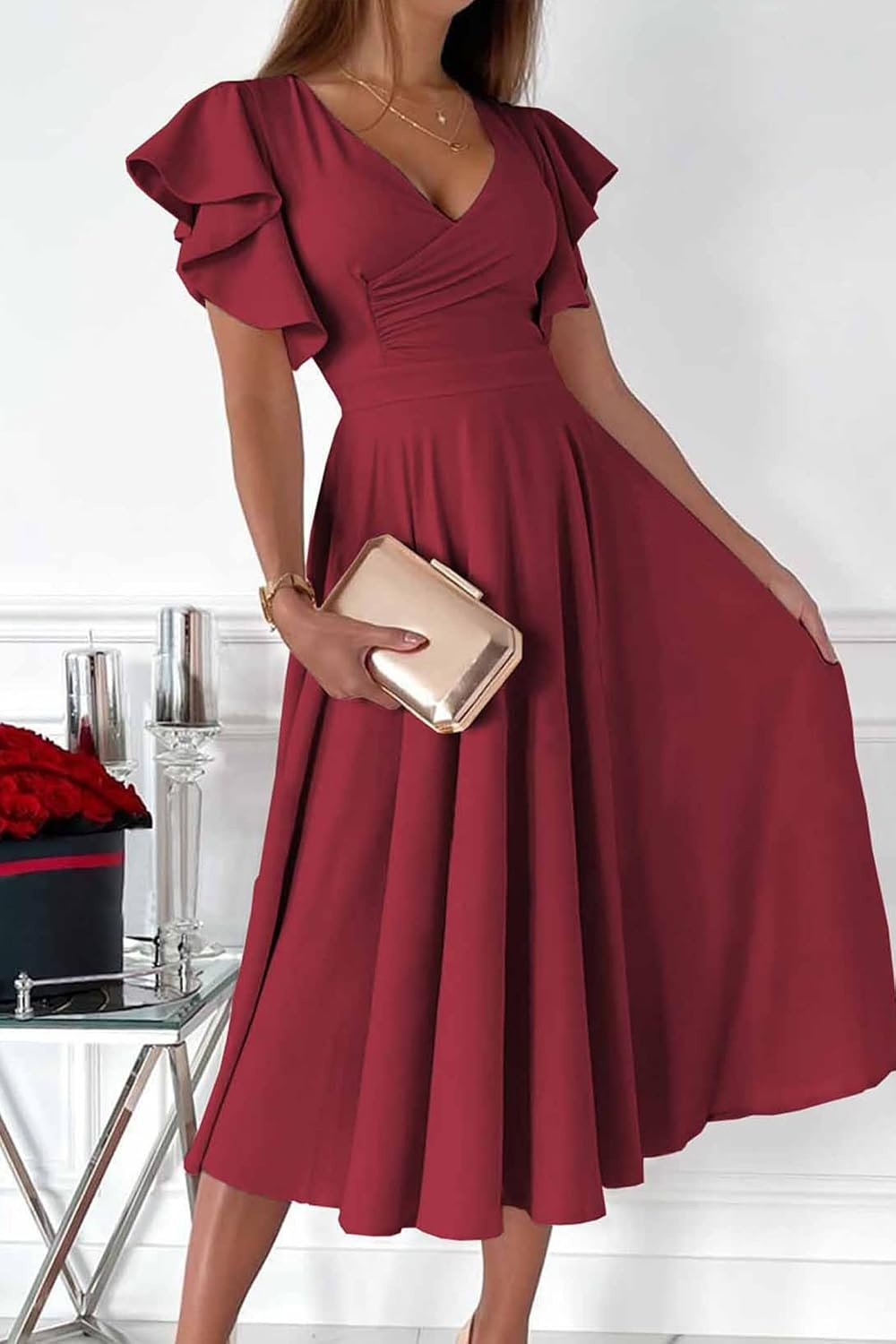 image:imagePRETTYGARDEN Womens Wrap V Neck Midi Summer Dresses Ruffled Flutter Sleeves Flowy Pleated A Line High Waist Elegant Spring Dress for Wedding Guest Cocktail Party Date NightWine Red