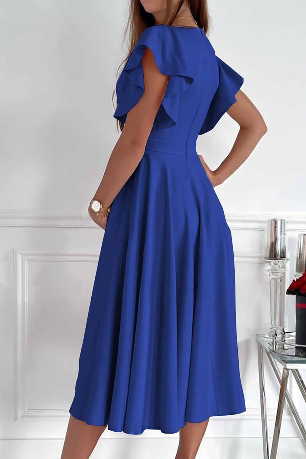 image:imagePRETTYGARDEN Womens Wrap V Neck Midi Summer Dresses Ruffled Flutter Sleeves Flowy Pleated A Line High Waist Elegant Spring Dress for Wedding Guest Cocktail Party Date NightBlue