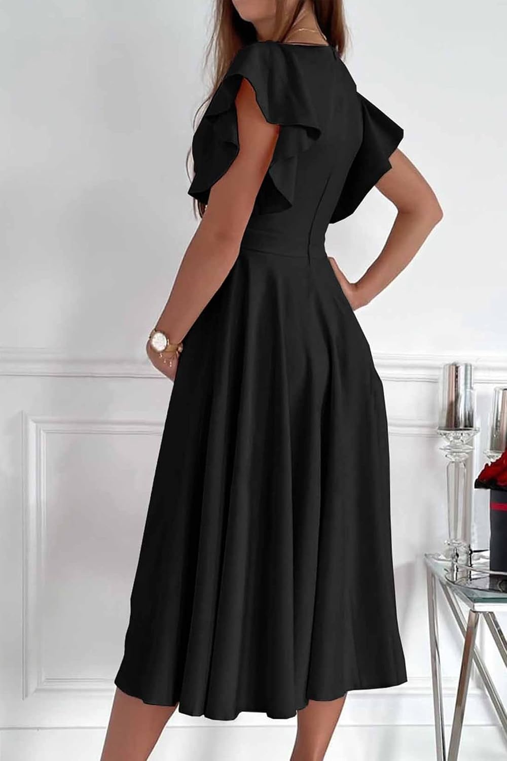 image:imagePRETTYGARDEN Womens Wrap V Neck Midi Summer Dresses Ruffled Flutter Sleeves Flowy Pleated A Line High Waist Elegant Spring Dress for Wedding Guest Cocktail Party Date NightBlack