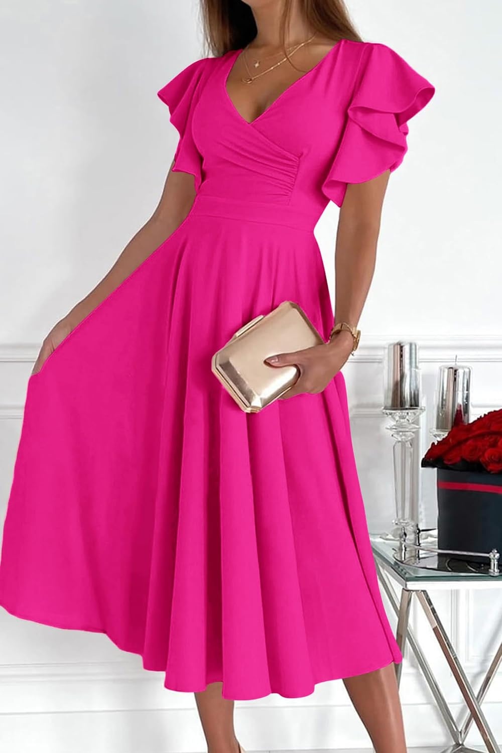 image:imagePRETTYGARDEN Womens Wrap V Neck Midi Summer Dresses Ruffled Flutter Sleeves Flowy Pleated A Line High Waist Elegant Spring Dress for Wedding Guest Cocktail Party Date NightRose Red