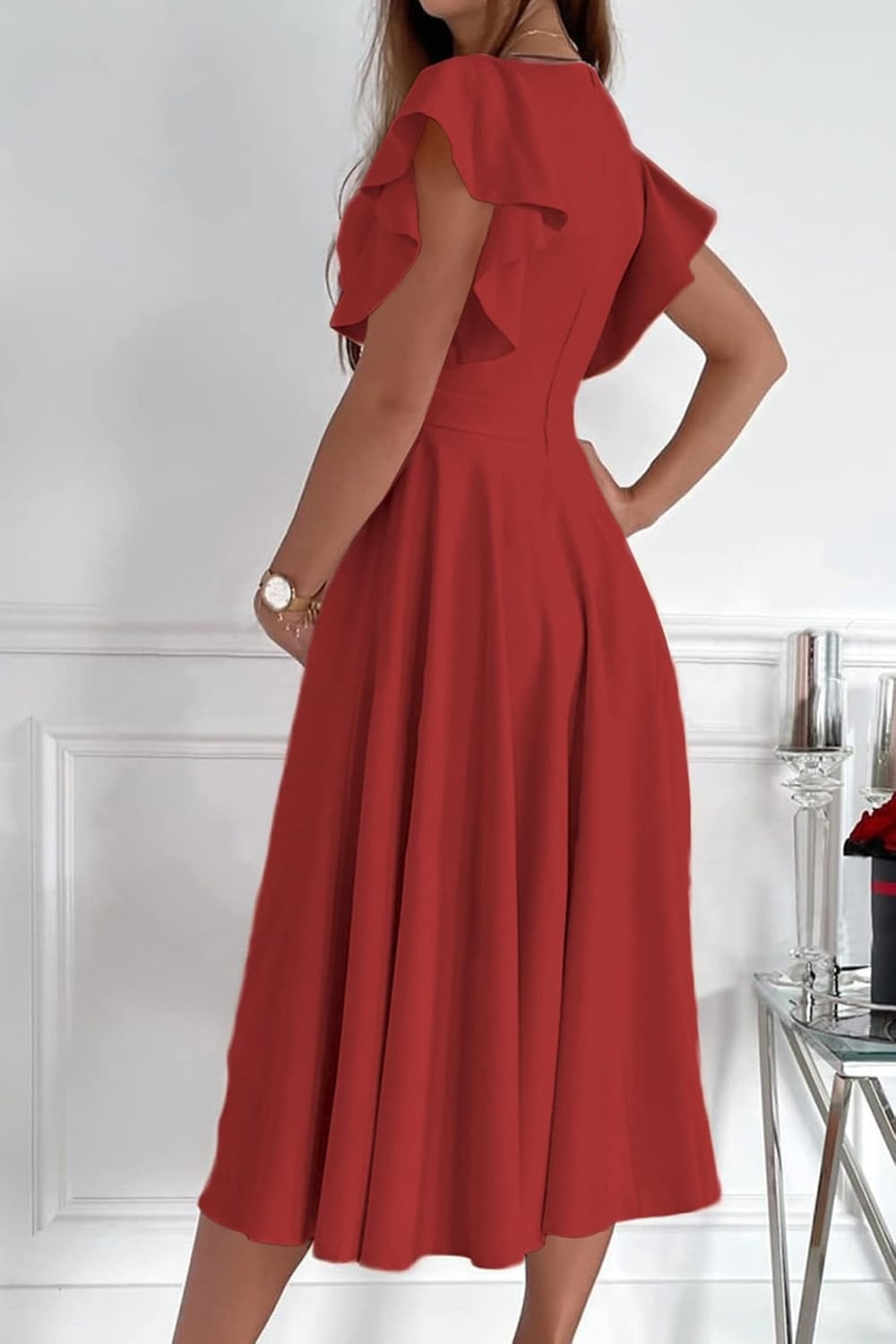 image:imagePRETTYGARDEN Womens Wrap V Neck Midi Summer Dresses Ruffled Flutter Sleeves Flowy Pleated A Line High Waist Elegant Spring Dress for Wedding Guest Cocktail Party Date NightRed