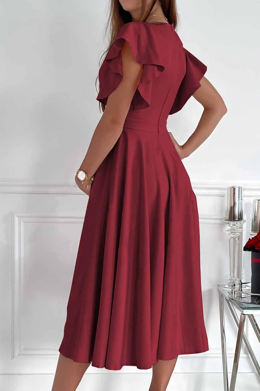image:imagePRETTYGARDEN Womens Wrap V Neck Midi Summer Dresses Ruffled Flutter Sleeves Flowy Pleated A Line High Waist Elegant Spring Dress for Wedding Guest Cocktail Party Date NightWine Red