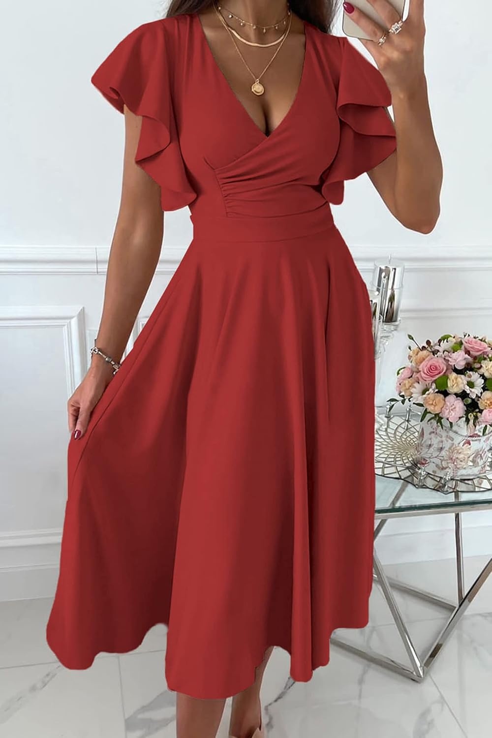 image:imagePRETTYGARDEN Womens Wrap V Neck Midi Summer Dresses Ruffled Flutter Sleeves Flowy Pleated A Line High Waist Elegant Spring Dress for Wedding Guest Cocktail Party Date NightRed