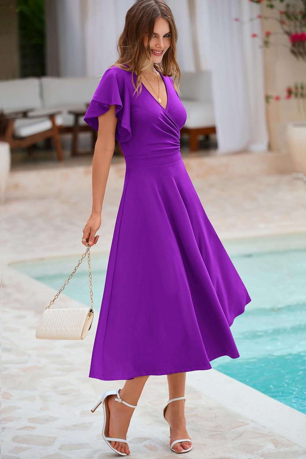 image:imagePRETTYGARDEN Womens Wrap V Neck Midi Summer Dresses Ruffled Flutter Sleeves Flowy Pleated A Line High Waist Elegant Spring Dress for Wedding Guest Cocktail Party Date NightPurple