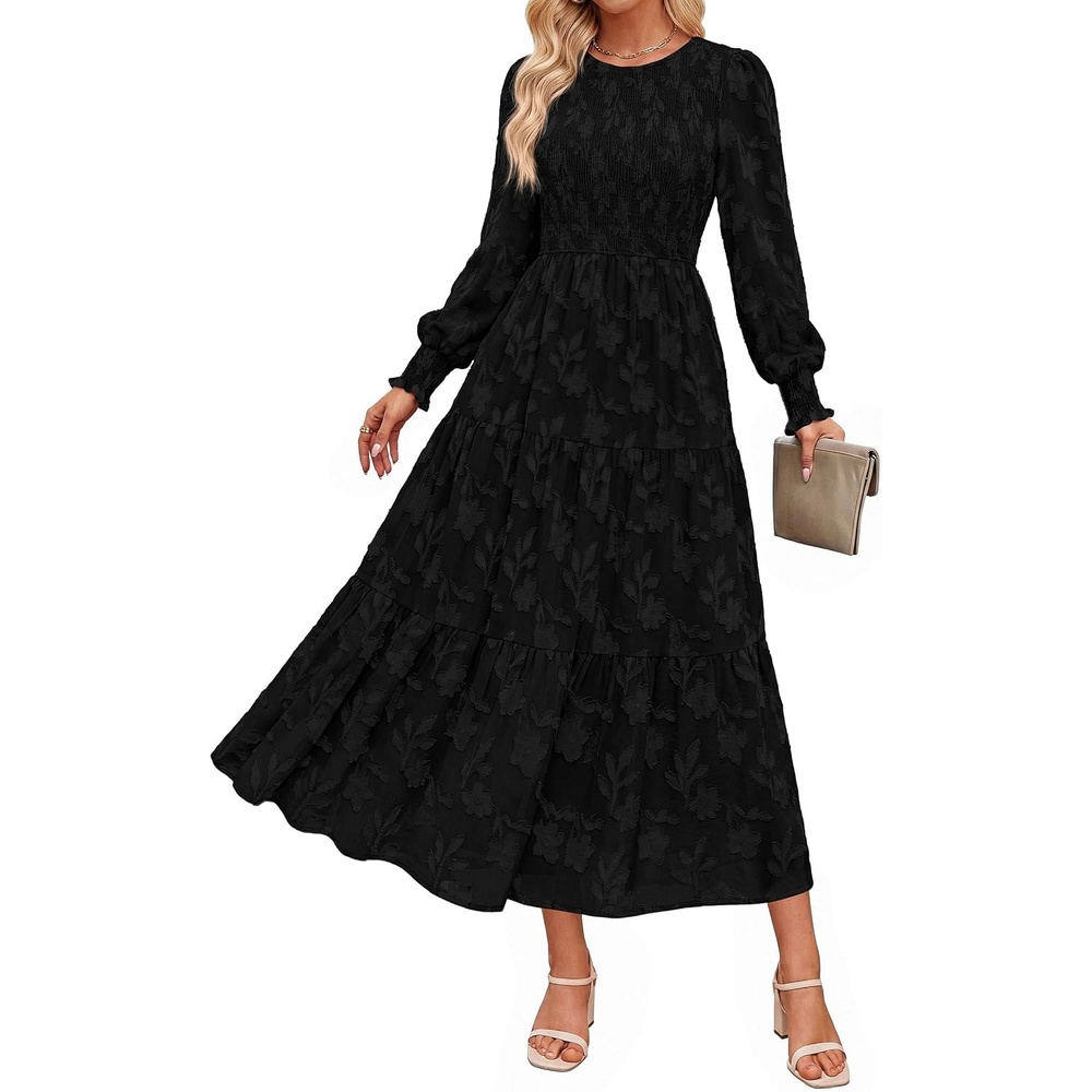 image:imagePRETTYGARDEN Fall Floral Long Sleeve Wedding Guest Dress for Women Pockets Casual Textured Jacquard Smocked High Waist Aline Boho Flowy Midi Dress Semi Formal Cocktail Dresses for Women 2026Black