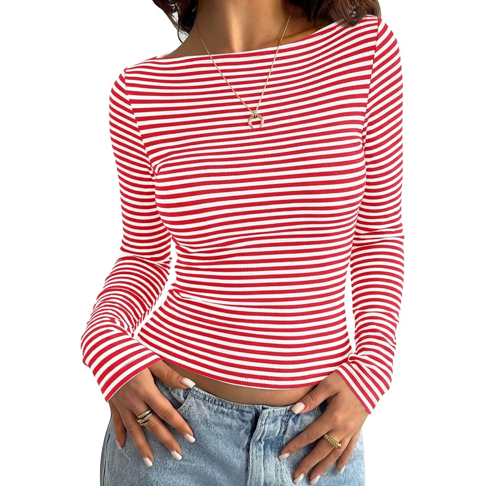 image:imagePRETTYGARDEN Long Sleeve Striped Shirts for Women Soft Ribbed Knit Y2k TshirtSlim Fit LayeringCute TopsBasic TeeBusiness Casual Outfits2026 Spring Fall Trendy ClothesStriped Red White