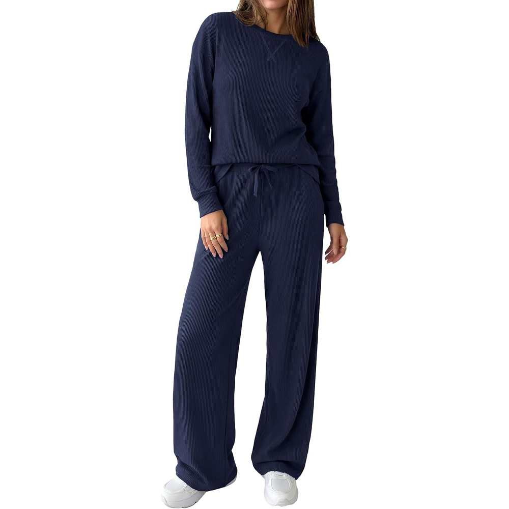 image:imagePRETTYGARDEN Sweatsuits Women 2 Piece Airport Travel Outfits Ribbed Knit Lounge Sets Casual Athleisure Wear Matching Long Sleeve Shirts amp Wide Leg Pants Pockets Fall Winter ClothesNavy Blue