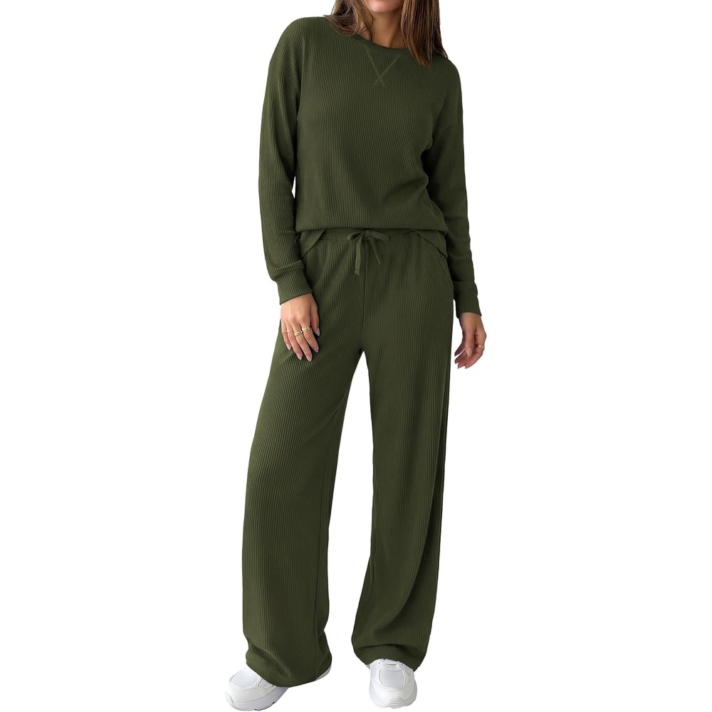 image:imagePRETTYGARDEN Sweatsuits Women 2 Piece Airport Travel Outfits Ribbed Knit Lounge Sets Casual Athleisure Wear Matching Long Sleeve Shirts amp Wide Leg Pants Pockets Fall Winter ClothesArmy Green