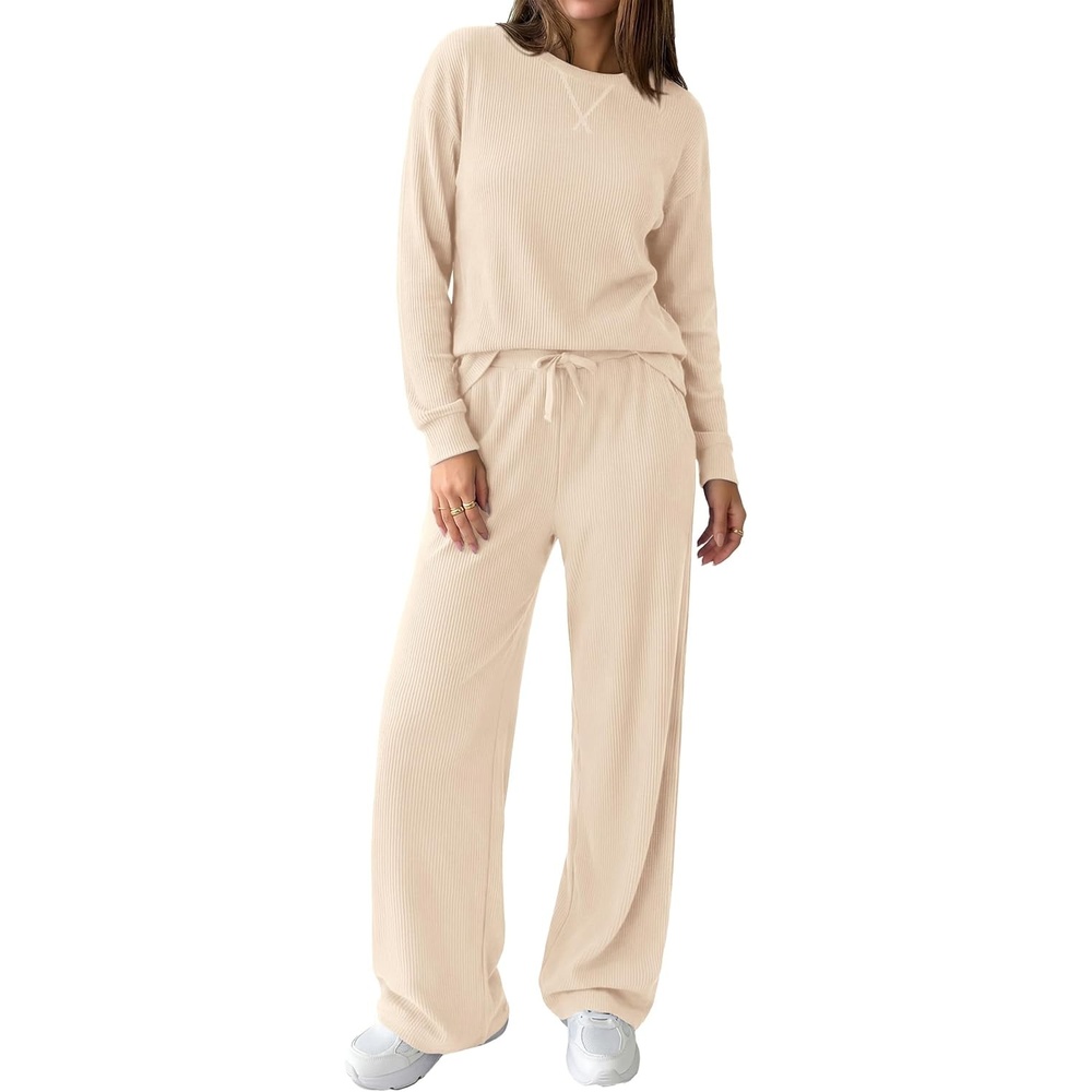 image:imagePRETTYGARDEN Sweatsuits Women 2 Piece Airport Travel Outfits Ribbed Knit Lounge Sets Casual Athleisure Wear Matching Long Sleeve Shirts amp Wide Leg Pants Pockets Fall Winter ClothesApricot