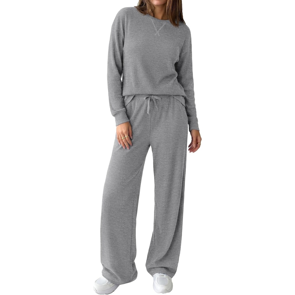 image:imagePRETTYGARDEN Sweatsuits Women 2 Piece Airport Travel Outfits Ribbed Knit Lounge Sets Casual Athleisure Wear Matching Long Sleeve Shirts amp Wide Leg Pants Pockets Fall Winter ClothesGrey