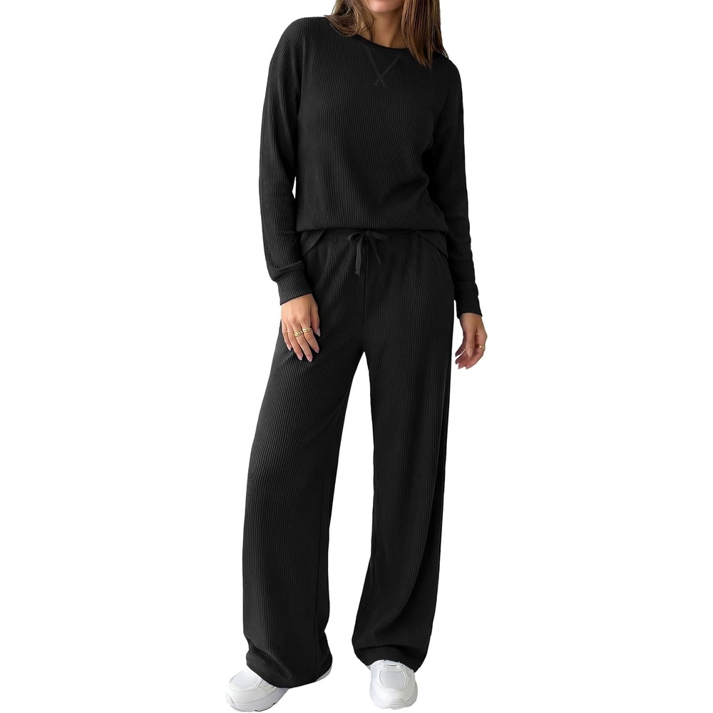 image:imagePRETTYGARDEN Sweatsuits Women 2 Piece Airport Travel Outfits  Ribbed Knit Lounge Sets Casual Athleisure Wear Matching Long Sleeve Shirts amp Wide Leg Pants Pockets Fall Winter ClothesBlack