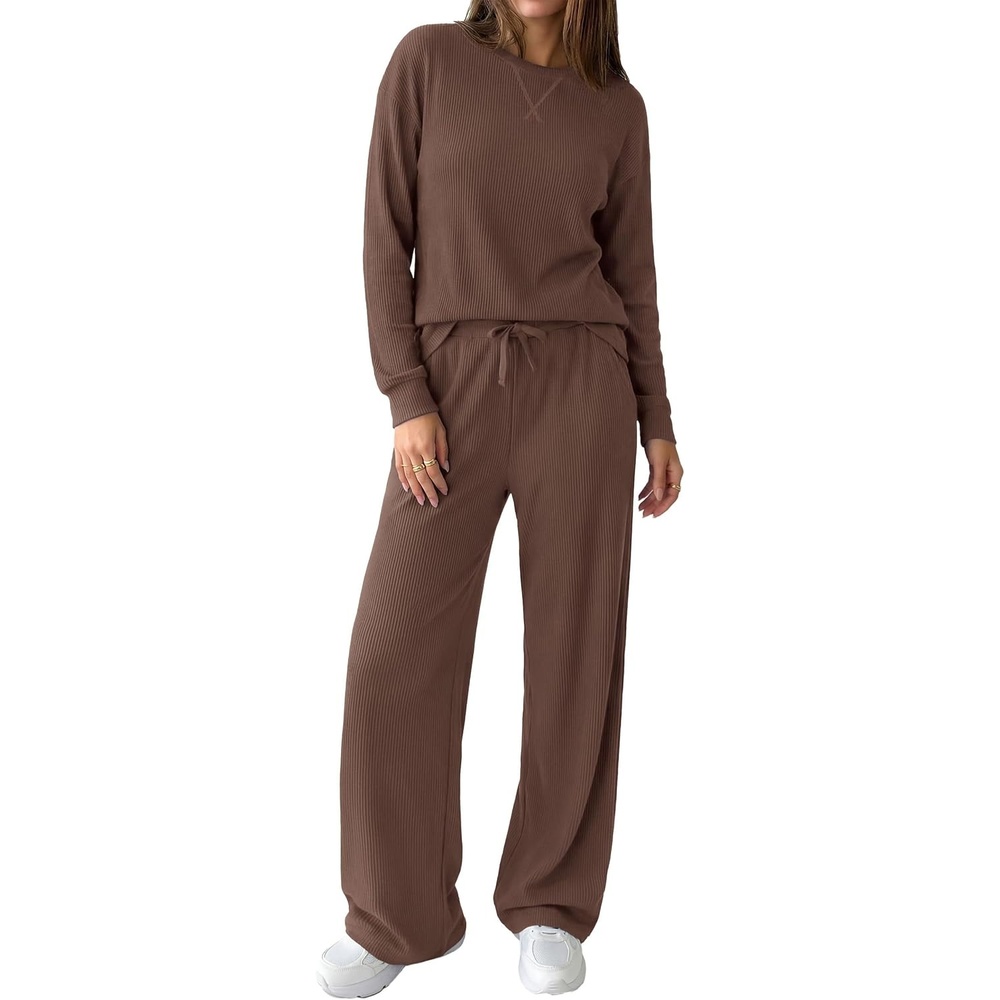 image:imagePRETTYGARDEN Sweatsuits Women 2 Piece Airport Travel Outfits  Ribbed Knit Lounge Sets Casual Athleisure Wear Matching Long Sleeve Shirts amp Wide Leg Pants Pockets Fall Winter ClothesBrown