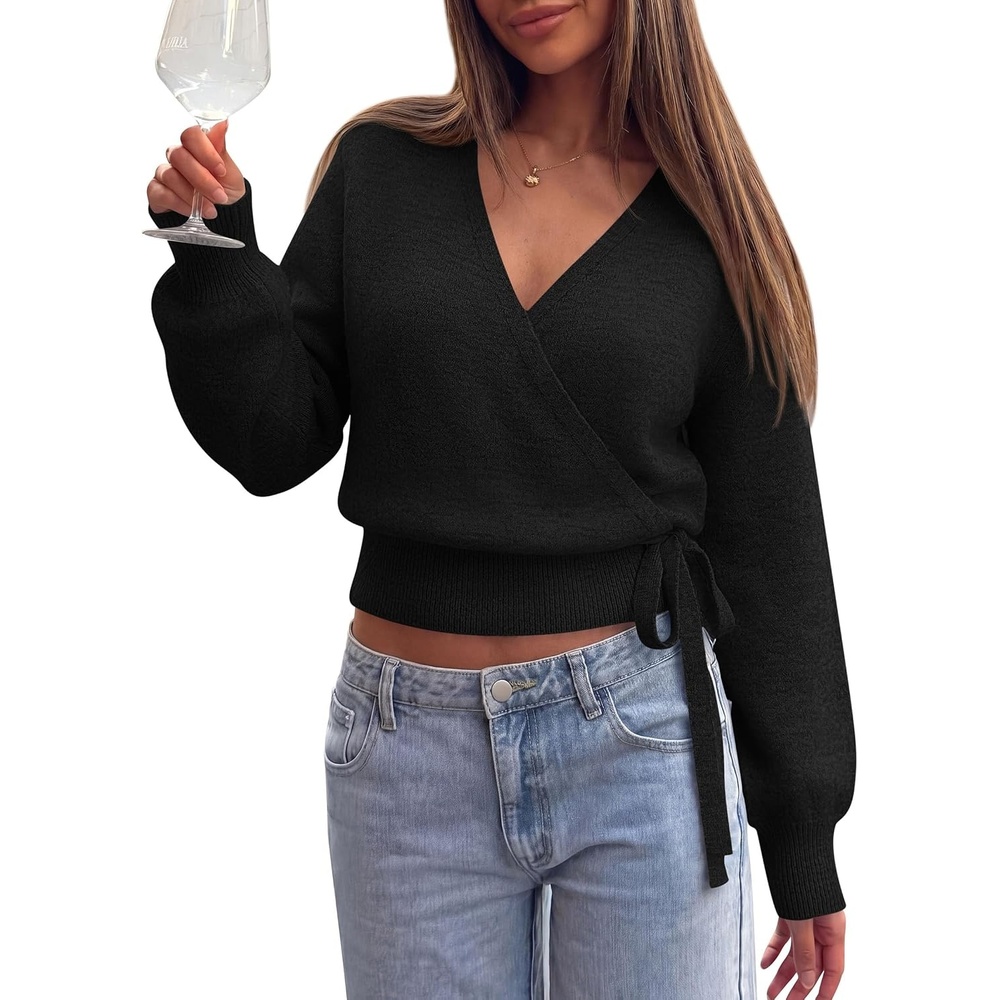 image:imagePRETTYGARDEN V Neck Wrap Sweaters for Women Fall Outifts Pullover Long Sleeve Knit TopsCross V Neck with Hidden SnapTie WaistCozy Warm Winter Clothes for WorkTravelVacationGoing OutBlack