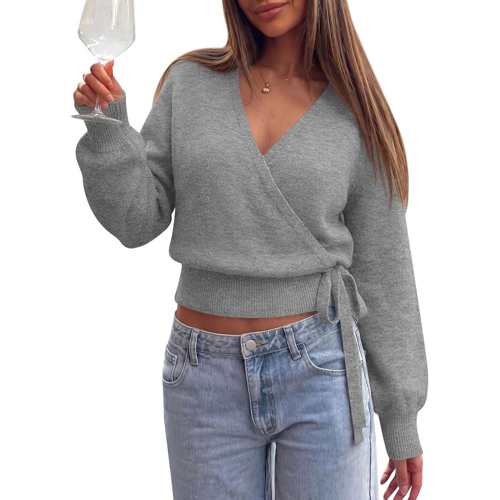 image:imagePRETTYGARDEN V Neck Wrap Sweaters for Women Fall Outifts Pullover Long Sleeve Knit TopsCross V Neck with Hidden SnapTie WaistCozy Warm Winter Clothes for WorkTravelVacationGoing OutGrey