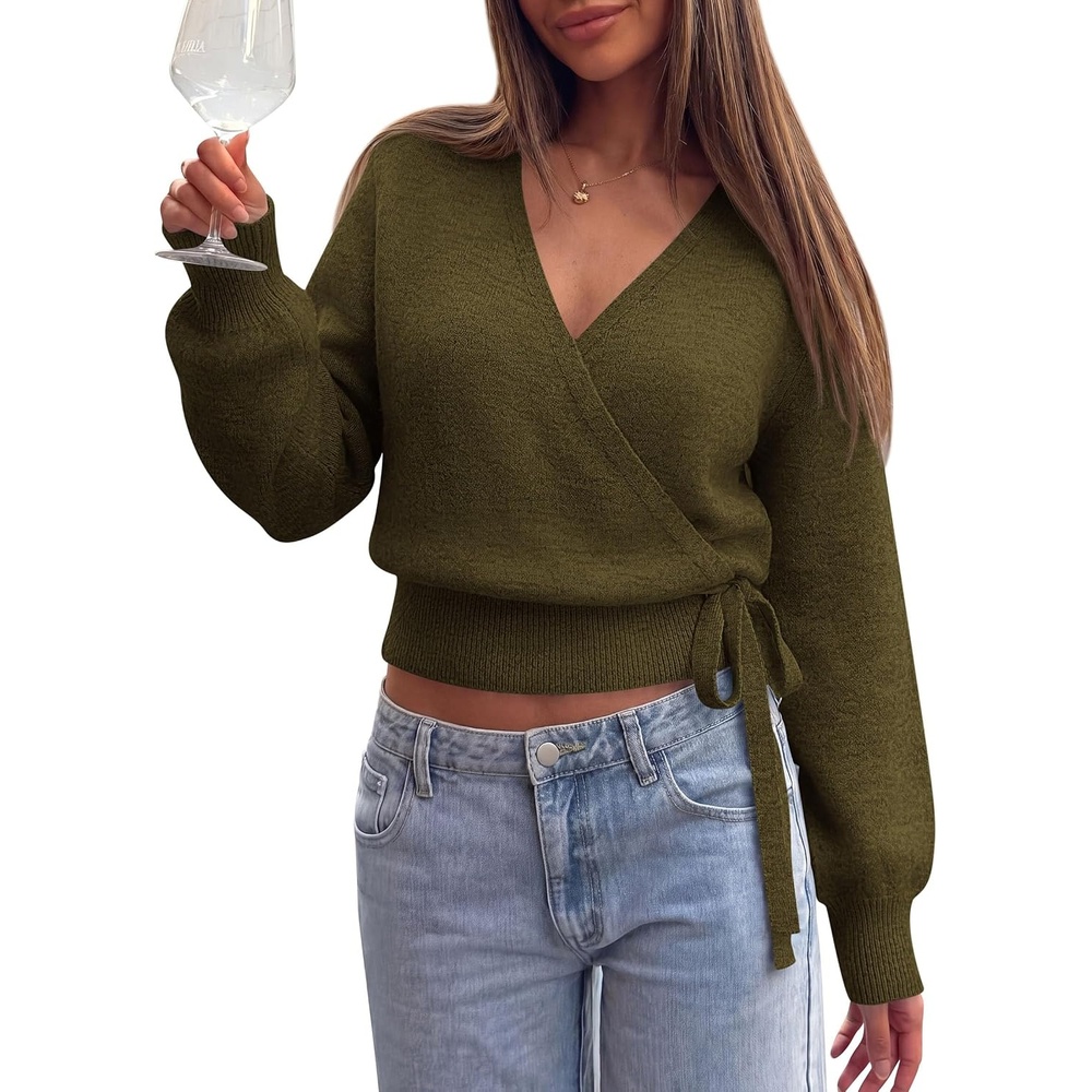 image:imagePRETTYGARDEN V Neck Wrap Sweaters for Women Fall Outifts Pullover Long Sleeve Knit TopsCross V Neck with Hidden SnapTie WaistCozy Warm Winter Clothes for WorkTravelVacationGoing OutArmy Green