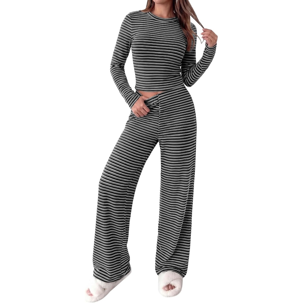 image:imagePRETTYGARDEN Women 2 Piece Striped Lounge Sets Soft Cozy Knit Matching Airport Travel Outfits Long Sleeve Shirts Wide Leg Pants Pockets Fall Winter Comfy Casual ClothesStriped Black White