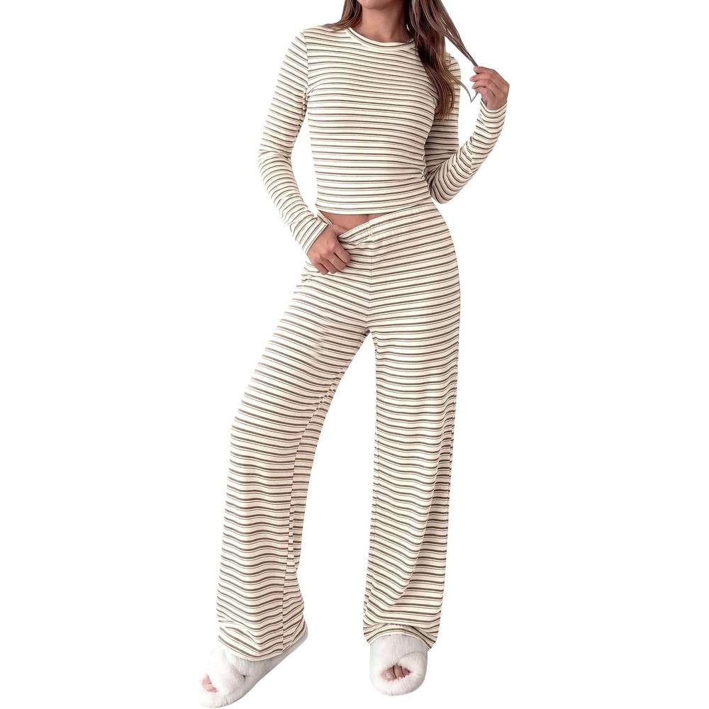 image:imagePRETTYGARDEN Women 2 Piece Striped Lounge Sets Soft Cozy Knit Matching Airport Travel Outfits Long Sleeve Shirts Wide Leg Pants Pockets Fall Winter Comfy Casual ClothesStriped Beige Brown