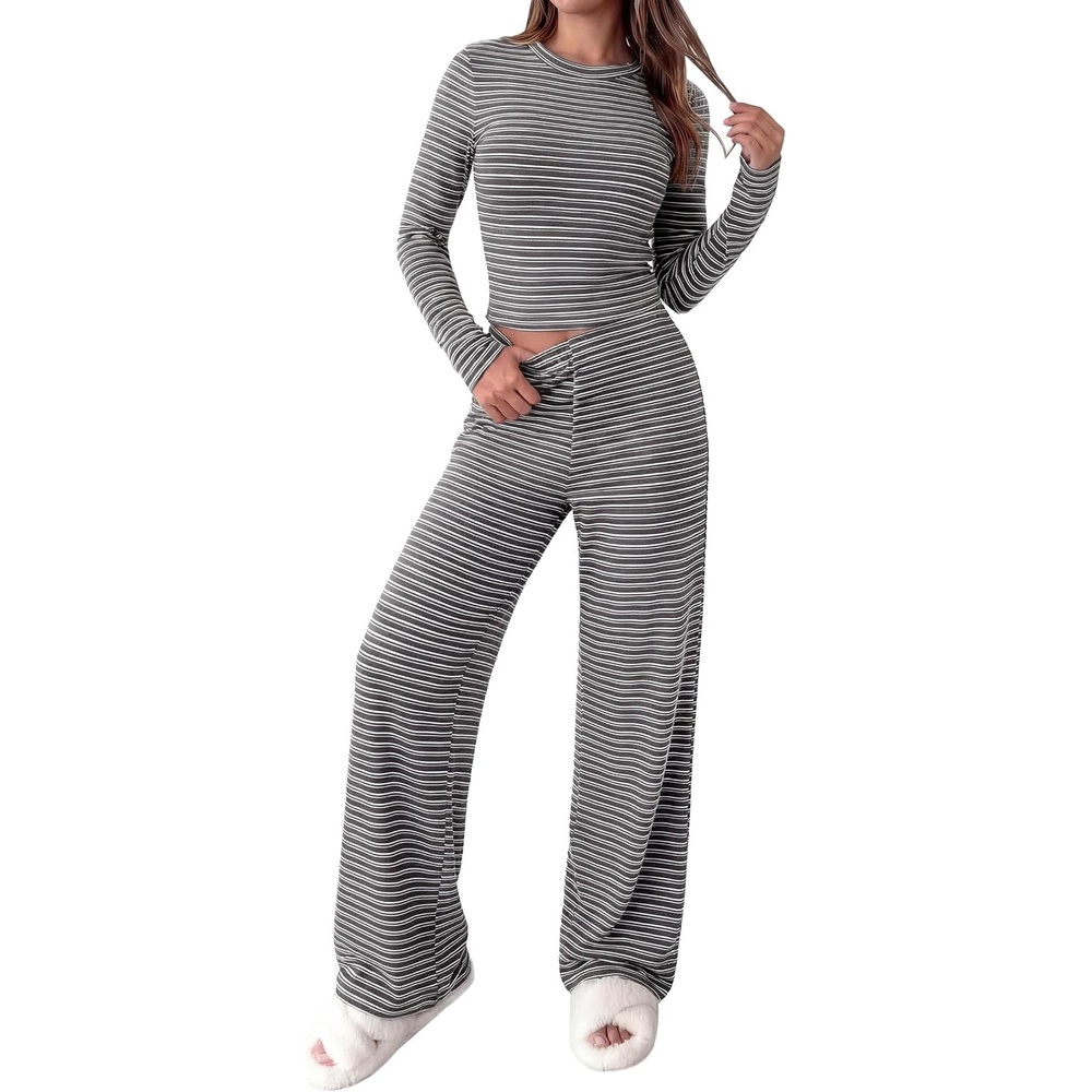 image:imagePRETTYGARDEN Women 2 Piece Striped Lounge Sets Soft Cozy Knit Matching Airport Travel Outfits Long Sleeve Shirts Wide Leg Pants Pockets Fall Winter Comfy Casual ClothesStriped Grey White