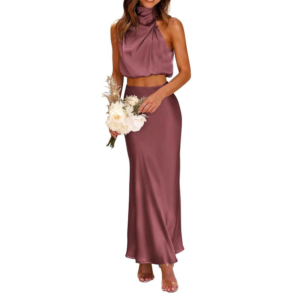 image:imagePRETTYGARDEN Womens 2 Piece Outfits Satin Skirt Set Smooth Silk Fabric Sleeveless Mock Neck Asymmetrical Crop Tops High Waisted Maxi Long Skirts Elegant Summer Dress SetsBrick Red