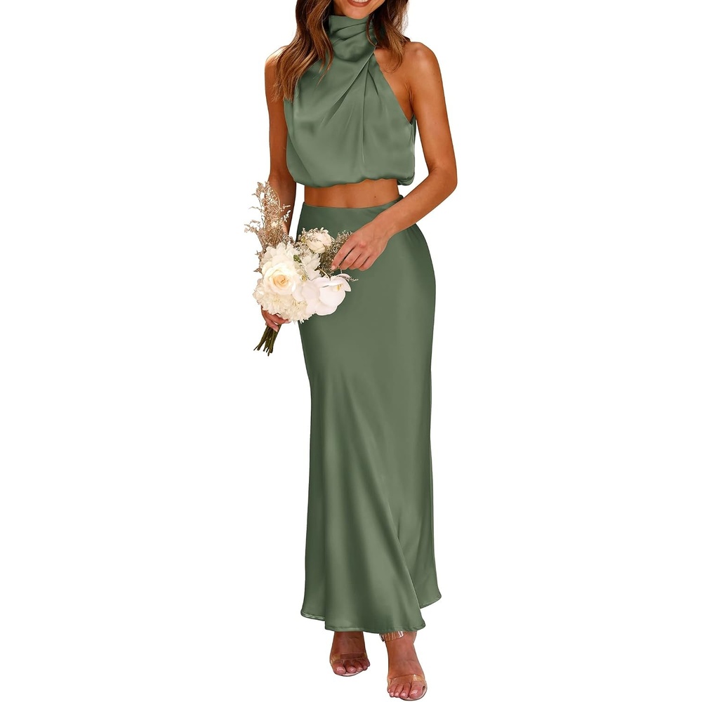 image:imagePRETTYGARDEN Womens 2 Piece Outfits Satin Skirt Set Smooth Silk Fabric Sleeveless Mock Neck Asymmetrical Crop Tops High Waisted Maxi Long Skirts Elegant Summer Dress SetsArmy Green