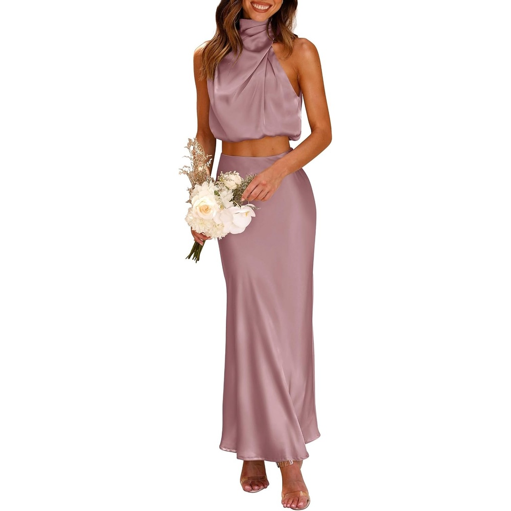 image:imagePRETTYGARDEN Womens 2 Piece Outfits Satin Skirt Set Smooth Silk Fabric Sleeveless Mock Neck Asymmetrical Crop Tops High Waisted Maxi Long Skirts Elegant Summer Dress SetsDusty Pink