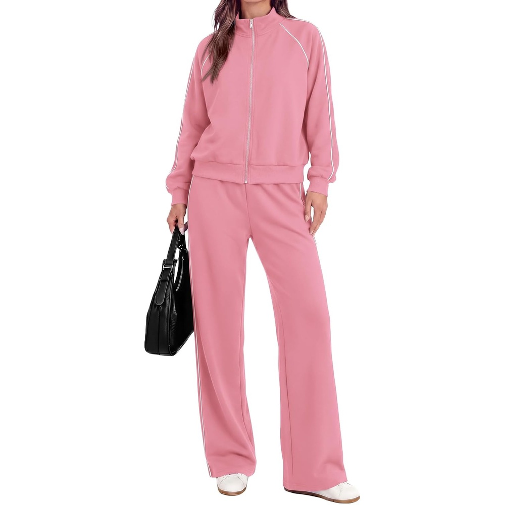 image:imagePRETTYGARDEN Womens 2 Piece Sweat Set Casual Fall Outfits Zip Up SweatshirtWide Leg Pants SweatsuitsSide StripesMatching Lounge SetsAthletic Wear for AirportJoggingTravelDailyPink