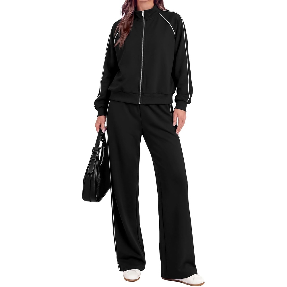 image:imagePRETTYGARDEN Womens 2 Piece Sweat Set Casual Fall Outfits Zip Up SweatshirtWide Leg Pants SweatsuitsSide StripesMatching Lounge SetsAthletic Wear for AirportJoggingTravelDailyBlack