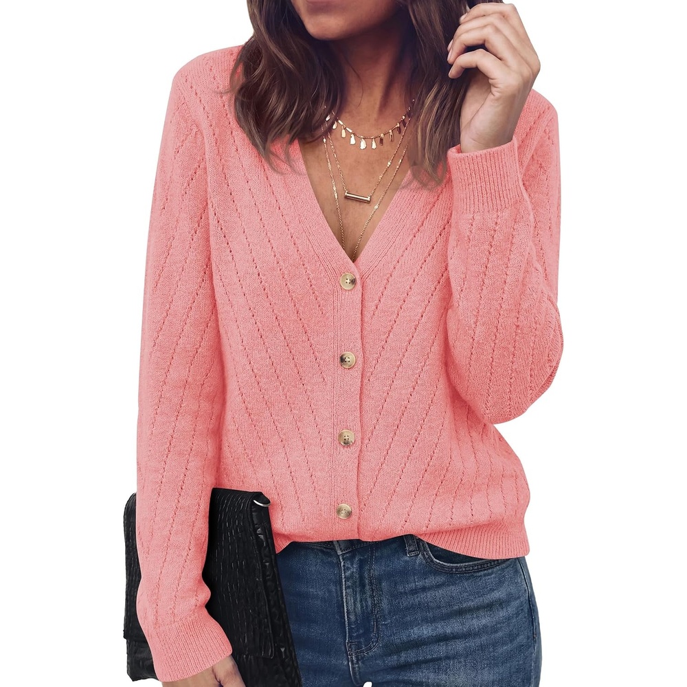 image:imagePRETTYGARDEN Womens Cozy Cardigan Sweater with Button V Neck Long Sleeve Tops Open Front for Fall Clothes 2026 Knit Winter Clothing Solid Bussiness Casual amp Vacation OutfitsPink