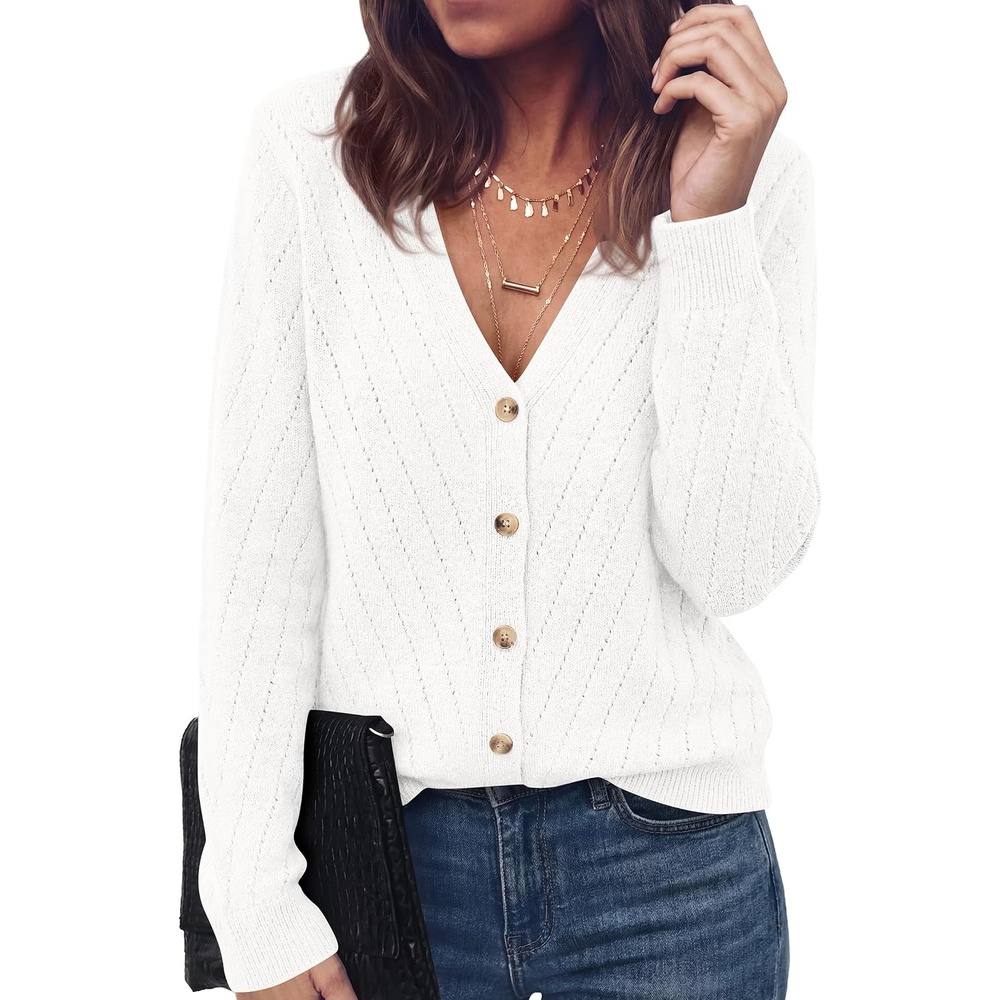 image:imagePRETTYGARDEN Womens Cozy Cardigan Sweater with Button V Neck Long Sleeve Tops Open Front for Fall Clothes 2026 Knit Winter Clothing Solid Bussiness Casual amp Vacation OutfitsWhite