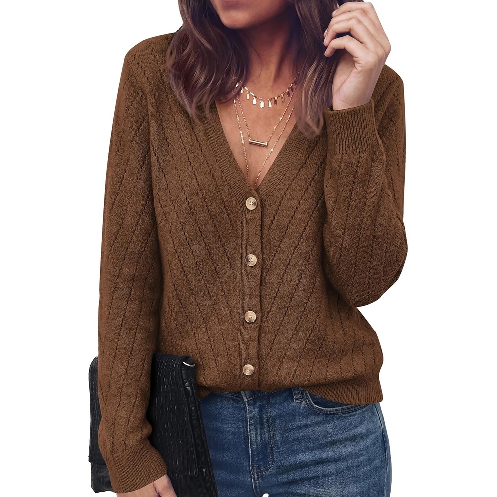 image:imagePRETTYGARDEN Womens Cozy Cardigan Sweater with Button  V Neck Long Sleeve Tops Open Front for Fall Clothes 2026 Knit Winter Clothing Solid Bussiness Casual amp Vacation OutfitsBrown