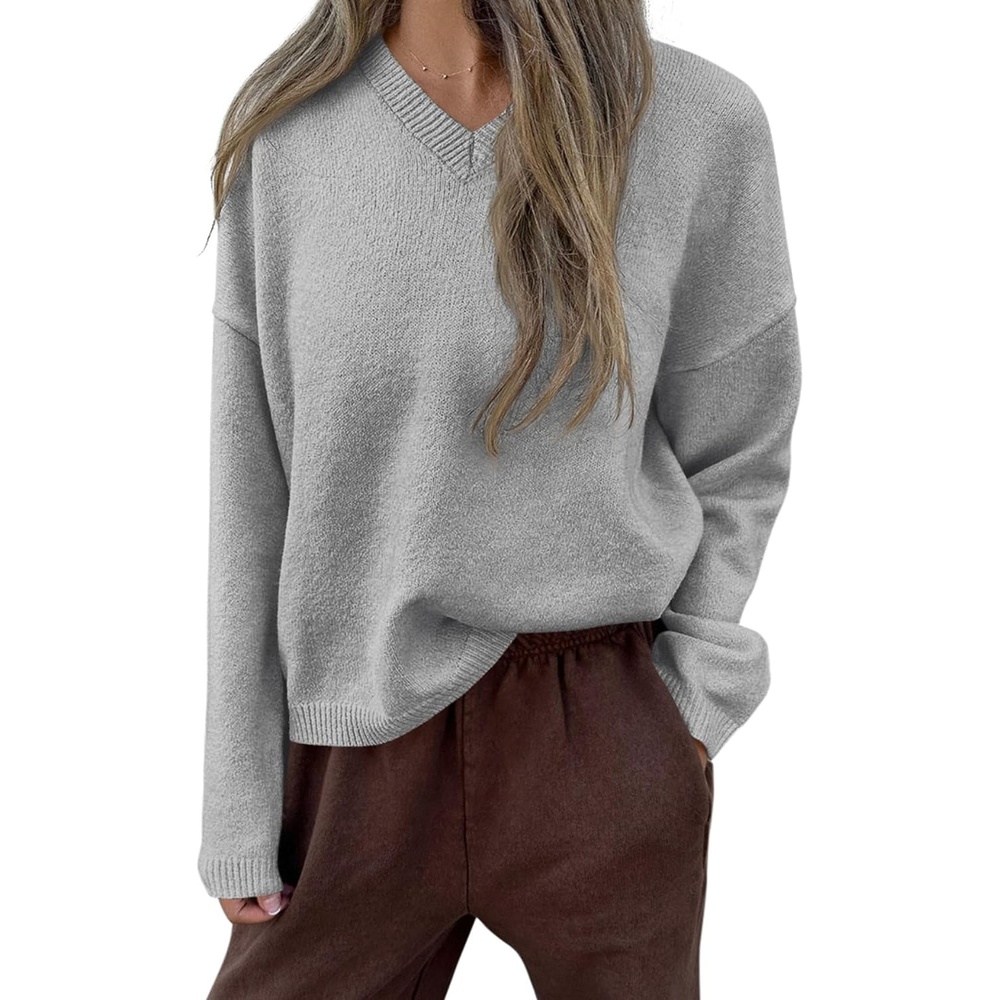 image:imagePRETTYGARDEN Womens Cozy Sweaters Fall Fashion V Neck Tops Soft Stretchy Warm Chunky Knit Pullover Loose Fit Long Sleeve Shirts Dressy Casual Blouses Trendy Holiday Winter OutfitsLight Grey