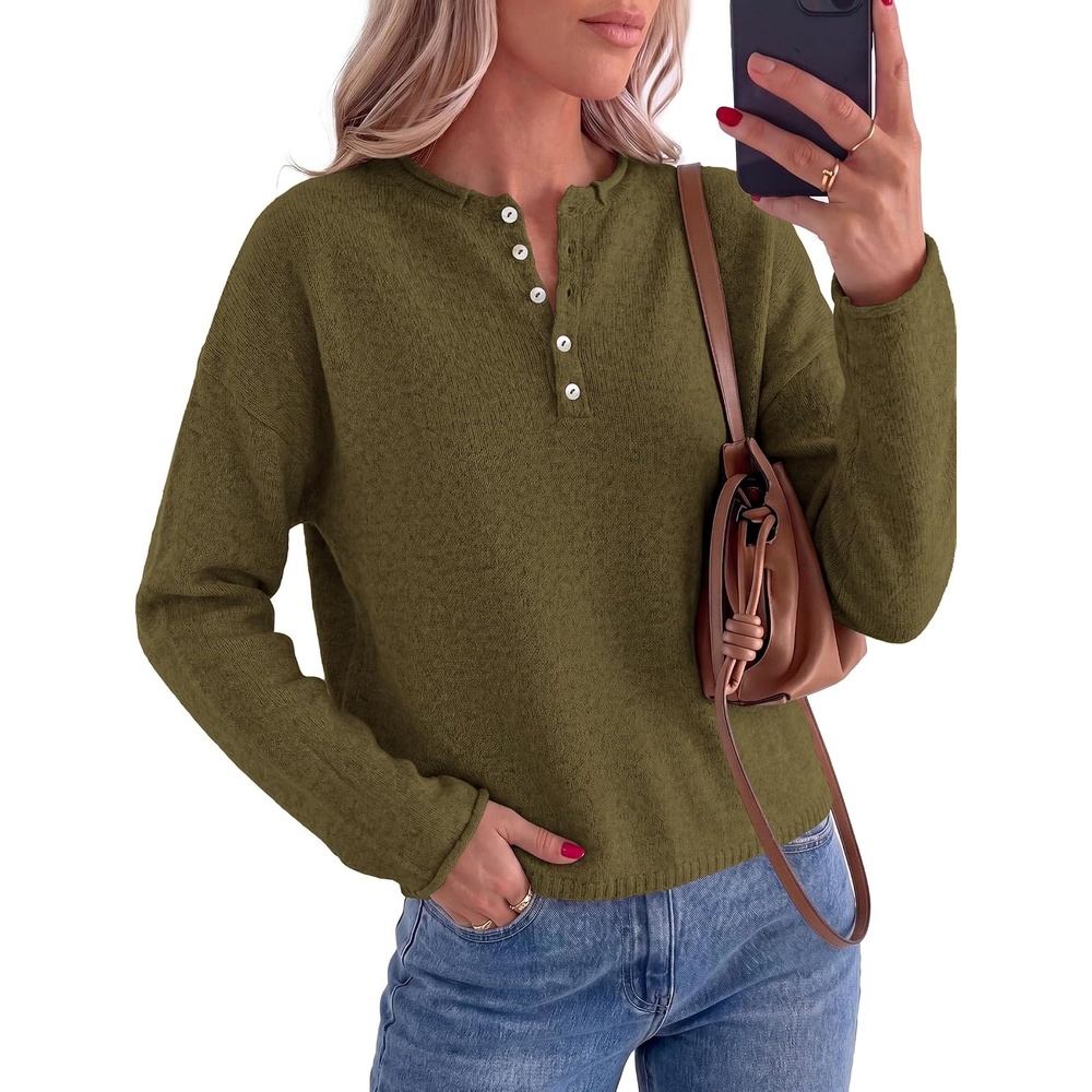 image:imagePRETTYGARDEN Womens Fall Button Up Cozy Pullover Sweaters Stretchy Soft Knit Drop Shoulder Long Sleeve Tops Henley Crewneck Rolled Edge Dressy Casual Blouses Trendy Winter ClothesArmy Green
