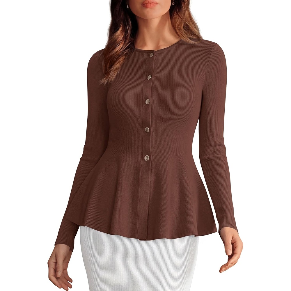 image:imagePRETTYGARDEN Womens Fall Lightweight Cardigan Sweaters Long Sleeve Peplum Tops Button Up Slim Fitted Flared Hem Soft Ribbed Knit Business Casual Outfits Winter Trendy ClothesBrown