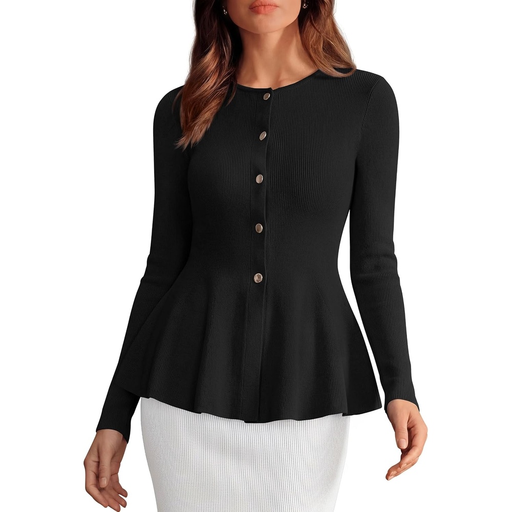 image:imagePRETTYGARDEN Womens Fall Lightweight Cardigan Sweaters Long Sleeve Peplum Tops Button Up Slim Fitted Flared Hem Soft Ribbed Knit Business Casual Outfits Winter Trendy ClothesBlack