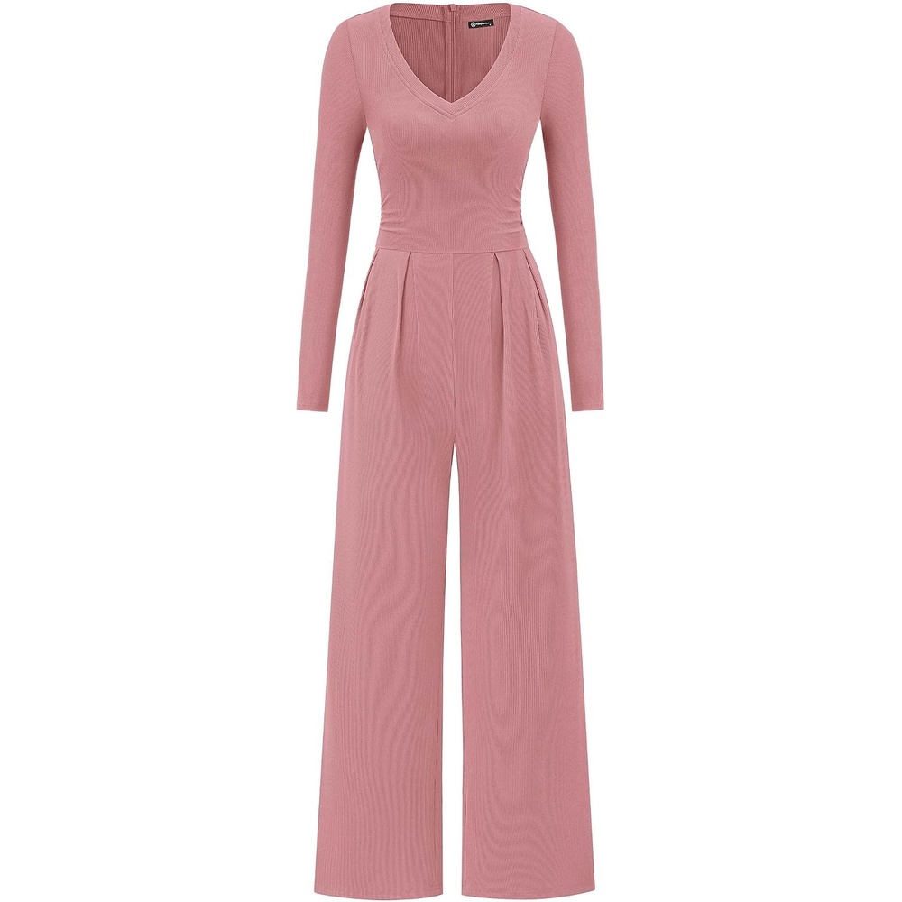 image:imagePRETTYGARDEN Womens Fall One Piece Long Sleeve Jumpsuit Stretchy Ribbed Knit Fashion Deep V Neck Wide Leg Romper with Pockets Work Business Casual Outfits Trendy Winter ClothesDusty Pink