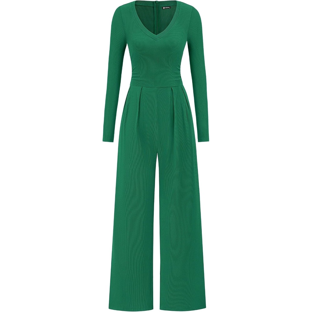 image:imagePRETTYGARDEN Womens Fall One Piece Long Sleeve Jumpsuit Stretchy Ribbed Knit Fashion Deep V Neck Wide Leg Romper with Pockets Work Business Casual Outfits Trendy Winter ClothesGreen