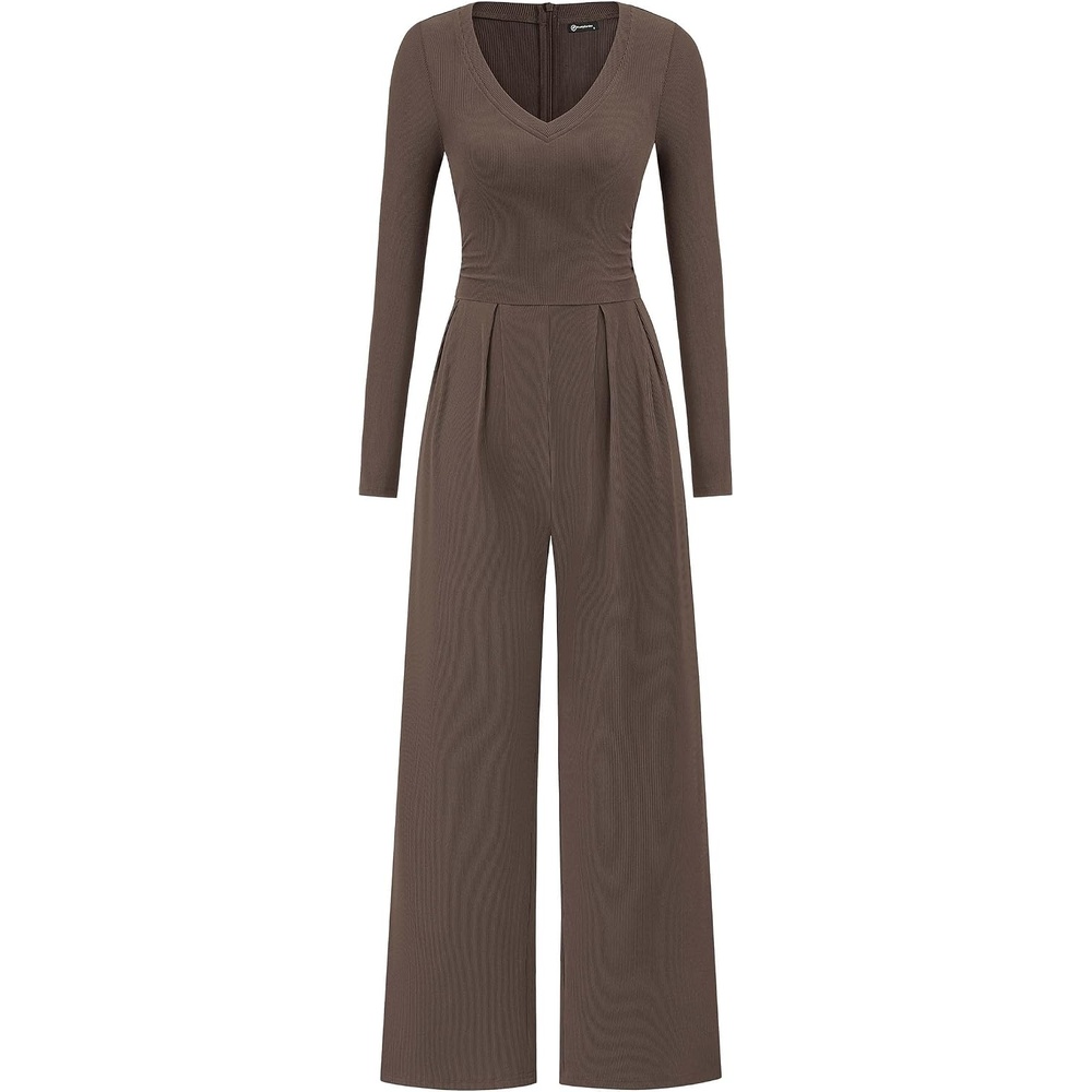image:imagePRETTYGARDEN Womens Fall One Piece Long Sleeve Jumpsuit Stretchy Ribbed Knit Fashion Deep V Neck Wide Leg Romper with Pockets Work Business Casual Outfits Trendy Winter ClothesBrown